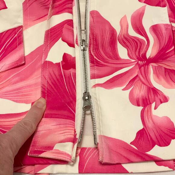 Cache Womens Jacket Pink White Bright Floral Sz. Small Balloon Sleeves Zip Front - Picture 12 of 15